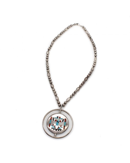 Zuni Fred & Lolita Natachu Silver Multi-Stone Inlay Reversible Pendant  Necklace